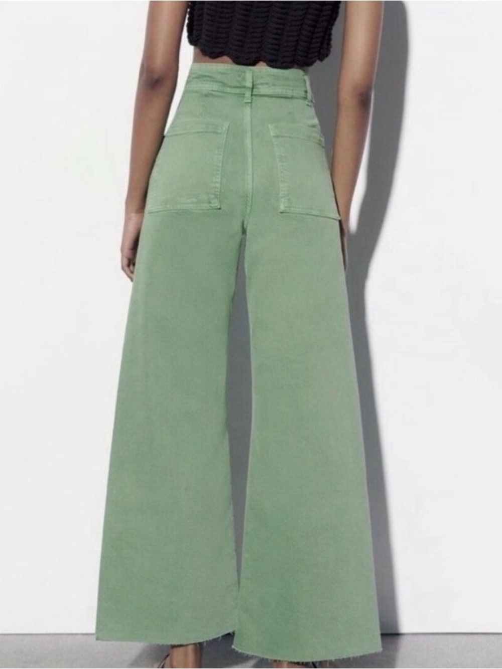 Zara Green High Rise Wide Leg Jeans Raw Hem Size 2 - Picture 3 of 8